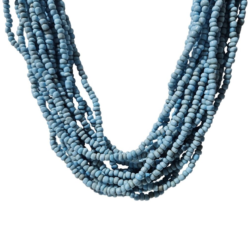 Retro Blue Seed Bead Chunky Multi Strand Necklace 50s 60s Fashion Jewelry Women